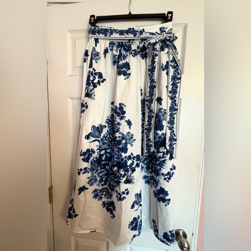 H&M White and Blue Maxi A-Line Skirt with Tie Front